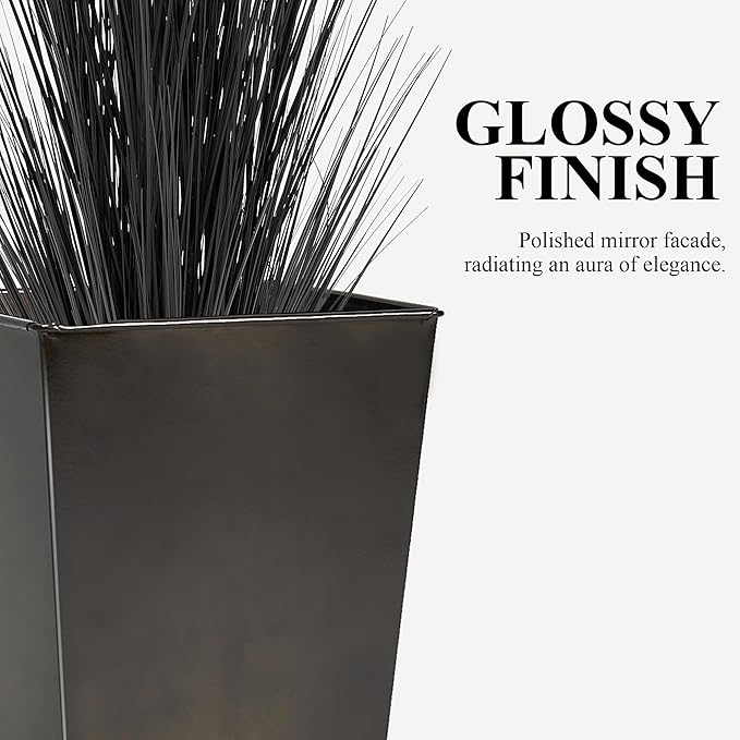 WORTH Garden 28" Large Metal Glazed Planter Set of 2, Luxurious Glossy Finish Black Tall Square Tapered Steel Plant Pots, Decor Flower Pot Indoor & Outdoor, Drainage Hole & Dual-Purpose Plant Saucer-Ruum Studio Home