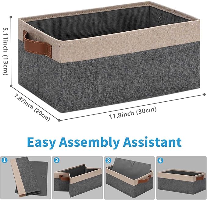 GhvyenntteS Small Fabric Storage Bins 6 Pack, 11.8" x 7.87" x 5.11" Storage Basket with Leather Handles, Closet Storage Bins for Shelves, Storage Baskets for Shelves, DVD Storage (Grey/Beige Yellow)-Ruum Studio Home