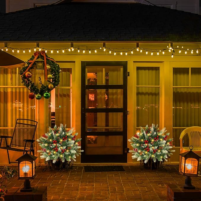 2 Pack Lighted Artificial Christmas Urn Filler, Battery Operated Pre-lit Xmas Pine Trees, Tripod Stake and 60 LED Lights, Holiday Porch Decorations for Porch, Yard, Garden, Flower Beds（Warm White）-Ruum Studio Home