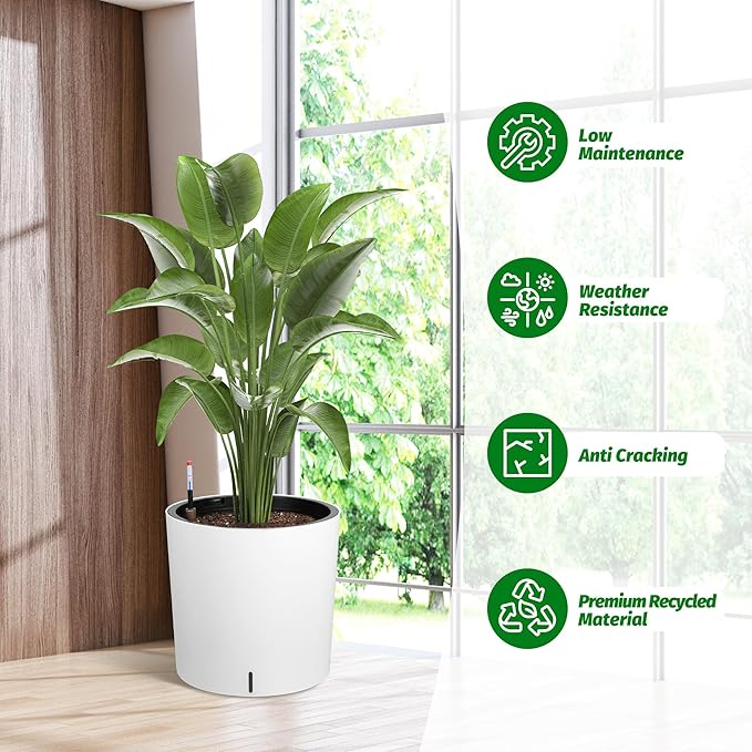 Tall Round Planter Set of 2, 19.5‘’ H x 19.9" Dia Large Planters for Indoor Plants with Built-in Drainage and a Water Level Monitor and Wheels for Patio, Porch, Living Room, or Home Office, White-Ruum Studio Home