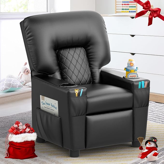 Kids Recliner Chair, Leather Push Back Kids Reclining Chair with Cup Holders & Side Pockets, Safety Adjustable Footrest Toddler Recliner for Age 3+, Kid Recliners for Girls Boys, Black-Ruum Studio Home