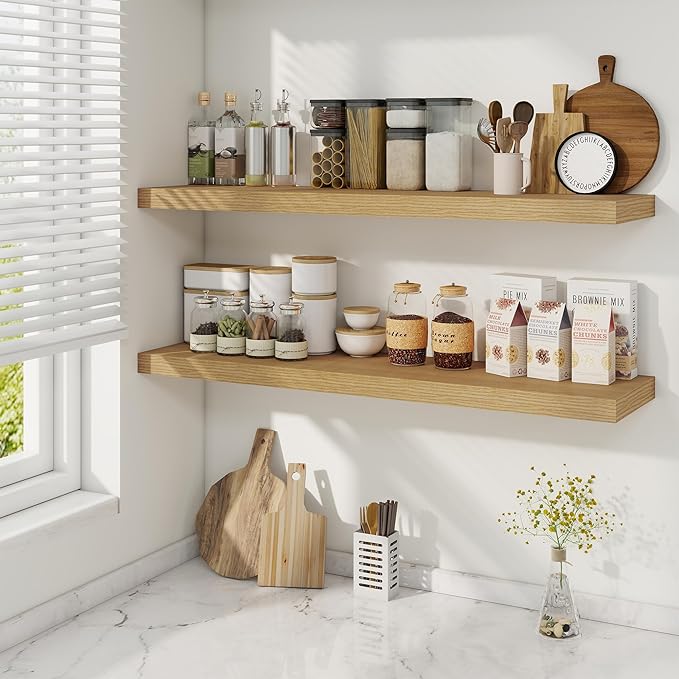 Fun Memories 40" Rustic Wood Floating Shelves with Invisible Brackets for Storage & Decor, Deep Wall Mounted Shelves for Bathroom, Kitchen, Living Room (Oak, Set of 2)-Ruum Studio Home