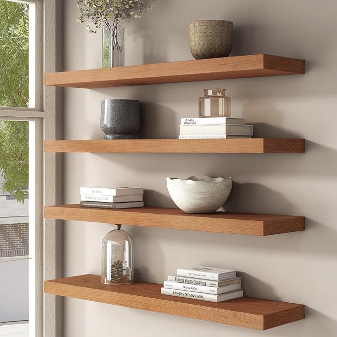 Floating Shelves for Wall, USA-Sourced Cherry Wood 48 Inch Long Wall Shelves, Natural Wooden Wall Mounted Picture Ledge Shelf, Nursery Book Storage Shelf Kids Bookshelf, Display Shelf for Bathroom-Ruum Studio Home