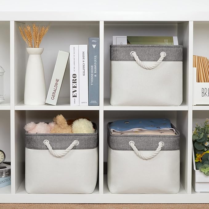 Bidtakay White Baskets with Cotton Rope Handles Decorative Storage Bins [3-pack] Fabric Bins for Organization Linen Closet Shelf Storage Baskets for Clothes Toys Towels 15 X 11 X 9.5 Inches-Ruum Studio Home
