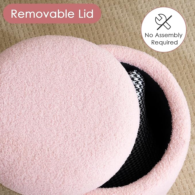 YFO Round Ottoman with Removable Lid Upholstered, Multifunctional Vanity Chairs for Makeup, Soft Footrest Stool Ottoman Foot Stool for Living Room, Bedroom, Boucle, Pink-Ruum Studio Home