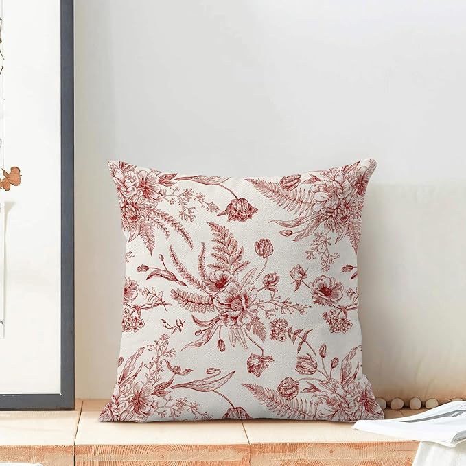 Wine Red Spring Pillow Covers 18 x 18 Inch Set of 2 for Chinoiserie Flowers Decor Throw Pillows Burgundy Floral Leaves Seasonal Plant Outdoor Decorative Cushion Cases for Couch Bed Decorations-Ruum Studio Home