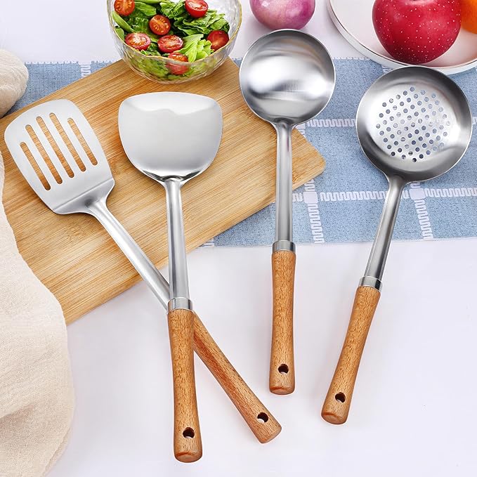 Pleafind 4-Pcs Cooking Utensils Set, Stainless Steel Kitchen Utensils with Wooden Hanlde, Kitchen Essentials Set Include Wok Ladle, Slotted Spoon, Wok Spatula and Slotted Spatula, Dishwasher Safe-Ruum Studio Home