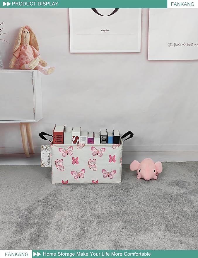 FANKANG Storage Bins, Nursery Hamper Canvas Laundry Basket Foldable with Waterproof PE Coating Large Storage Baskets for Kids Boys and Girls, Office, Bedroom, Clothes,Toys(Rec-pink butterfly-Ruum Studio Home