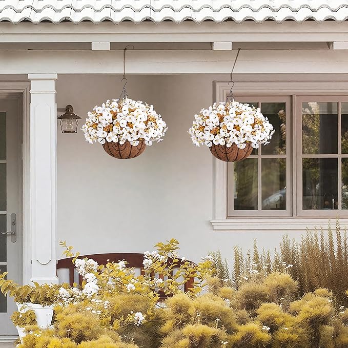 Artificial Fall Flowers Fake Hanging Plants Flowers Basket for Outdoors Autumn Decoration, Silk Morning Glory with Eucalyptus Look Real UV Resistant Faux Flowers for Outside Porch Patio Balcony, White-Ruum Studio Home