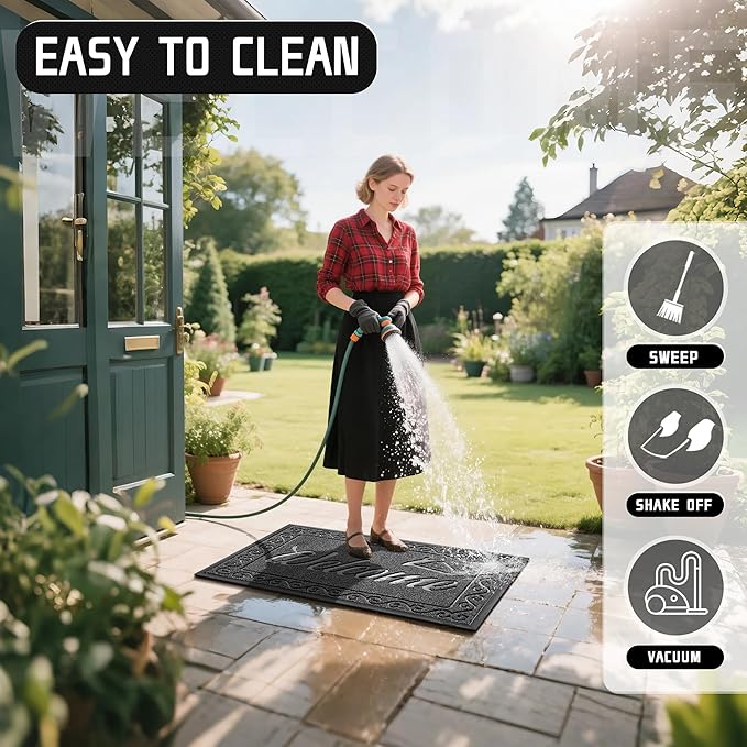 Yimobra Welcome Mat, Heavy Duty Sturdy Door Mats for Home Entrance Outdoor Indoor, Front Doormat for Outside Patio Floor Entry Porch Garage Office, Waterproof, Low Profile, 47X32 Inches, Black Grey-Ruum Studio Home