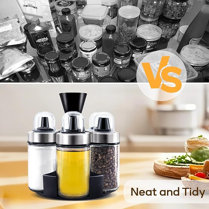 Mlici Oil and Vinegar Dispenser Set of 6 Bottles, Stainless Steel Salt Pepper Holder with 360° Rotating Holder, Cruet Soy Sauce - Premium Glass Condiment for Kitchen, Tabletop, Kitchen Containers-Ruum Studio Home