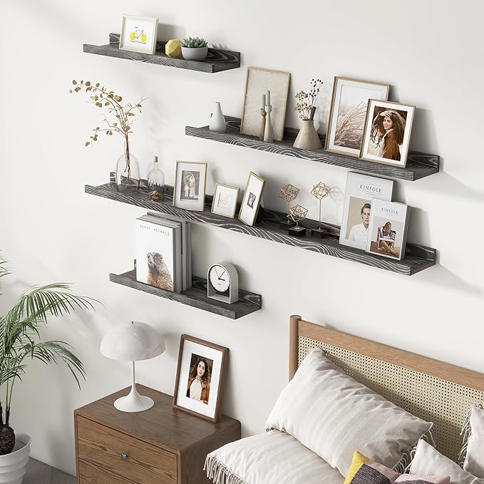 Picture Ledge Wall Shelves 48 Inches Width Set of 3, Solid Pine Wood Rustic Floating Ledge for Kids' Room Bedroom Kitchen Bathroom, Long Floating Shelves for Wall Decor, Grey-Ruum Studio Home