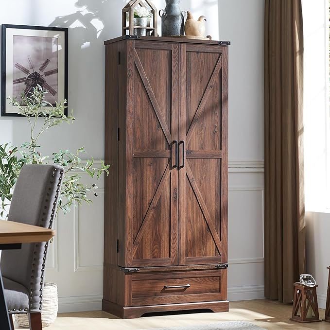 72‘’ Farmhouse Kitchen Pantry Cabinet with Drawer, Tall Storage Cabinet with 2 Barn Doors and Shelves, Versatile Large Rustic for Dining Room, Bathroom, Living Room, Laudry, Brown-Ruum Studio Home