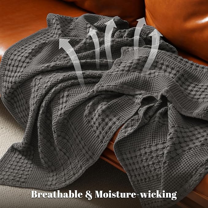 PHF 100% Cotton Waffle Weave Throw Blanket, Soft Lightweight Breathable Cozy Summer Throws for Couch Bed Sofa, Luxury Aesthetic Woven Blanket for Home Decor & Office, 50"x60", Charcoal Grey-Ruum Studio Home
