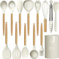 Silicone Cooking Utensils Set - 446°F Heat Resistant Silicone Kitchen Utensils for Cooking,Kitchen Utensil Spatula Set w Wooden Handles and Holder, BPA FREE Gadgets for Non-Stick Cookware (Khaki)-Ruum Studio Home