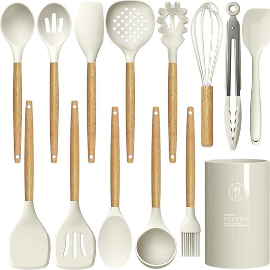 Silicone Cooking Utensils Set - 446°F Heat Resistant Silicone Kitchen Utensils for Cooking,Kitchen Utensil Spatula Set w Wooden Handles and Holder, BPA FREE Gadgets for Non-Stick Cookware (Khaki)-Ruum Studio Home