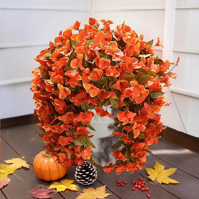 Bougainvillea Artificial Flowers Plants for Outdoors Outside Fall Autumn Decor, 2 pcs Faux Silk Long Trailing Vines UV Resistant Look Real Orange Fake Flowers for Front Door Porch Planter Urn Patio-Ruum Studio Home