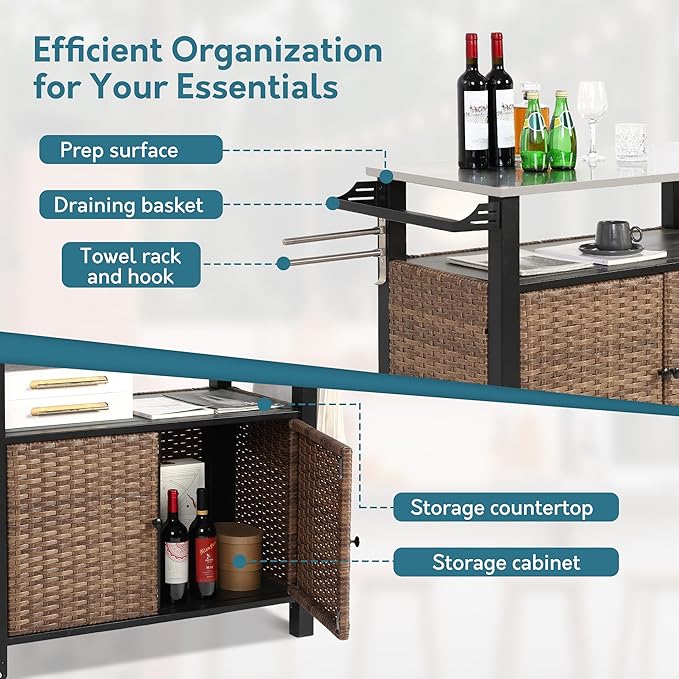 Grill Cart Outdoor with Wheels, Outdoor Prep Table with Wicker Storage and Rolling Wheels, Kitchen Island Serving Cart with Stainless Steel Table Top for BBQ, Porch, Patio, Brown-Ruum Studio Home