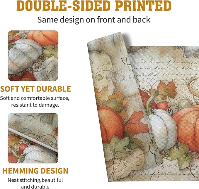 Fall Pumpkin Maple Leaf Placemats Set of 4, 12x18 Inch Vintage Autumn Harvest Rustic Leaves Table Mats Seasonal Fall Thanksgiving Washable Linen Fabric Place Mats for Party Kitchen Dining Decor-Ruum Studio Home