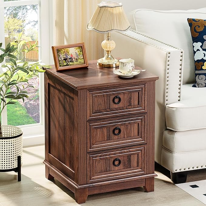 Farmhouse Night Stand Set of 2, 18" End Table with 3 Drawer Metal Handle, Dresser for Bedroom, Sofa Bed Side Table Chest of Drawers,Wood Nightstand Cabinet for Organizer, Living Room-Brown-Ruum Studio Home