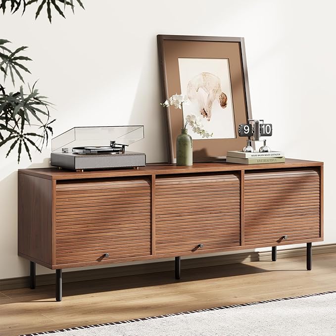 59 Inch TV Stand with Power Outlet for TVs up to 65 Inch, Entertainment Center with Storage, Mid-Century Modern TV Console, Adjustable Shelf & Sliding Doors, TV Stand for Living Room, Bedroom, Walnut-Ruum Studio Home