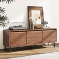 59 Inch TV Stand with Power Outlet for TVs up to 65 Inch, Entertainment Center with Storage, Mid-Century Modern TV Console, Adjustable Shelf & Sliding Doors, TV Stand for Living Room, Bedroom, Walnut-Ruum Studio Home
