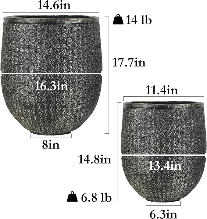 Worth Garden Large Round Planters Set of 2 (14.5"x17.5" & 12" x15“) - Lightweight Magnesium Oxide Cement Plant Pot with Texture - Concrete Look with Drainage Hole – Indoor & Outdoor Use - Black Gold-Ruum Studio Home