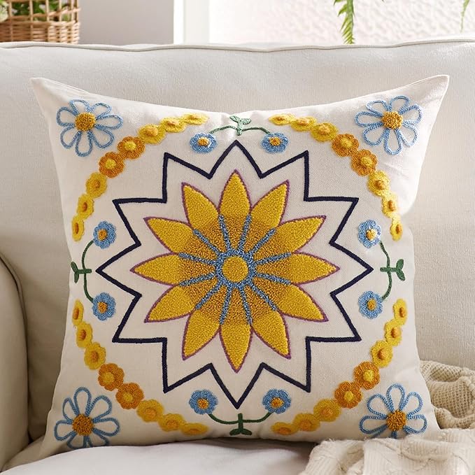Embroidered Throw Pillow Cover 18x18 Classic Boho Floral Pattern Pillows Cover Outdoor Decorative Pillowcase,Durable Cozy Textured Cushion Case for Sofa Couch Bed Living Room,Yellow-Ruum Studio Home