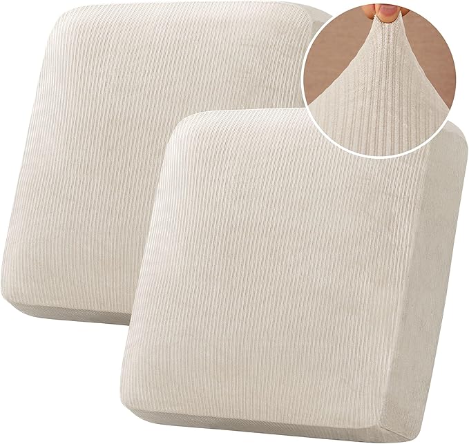 H.VERSAILTEX Velvet Stretch Couch Cushion Cover Plush Cushion Slipcover for Chair Loveseat Sofa Cushion Furniture Protector Seat Cushion Sofa Cover (2 Piece Large Sofa Cushion Covers, Ivory Striped)-Ruum Studio Home