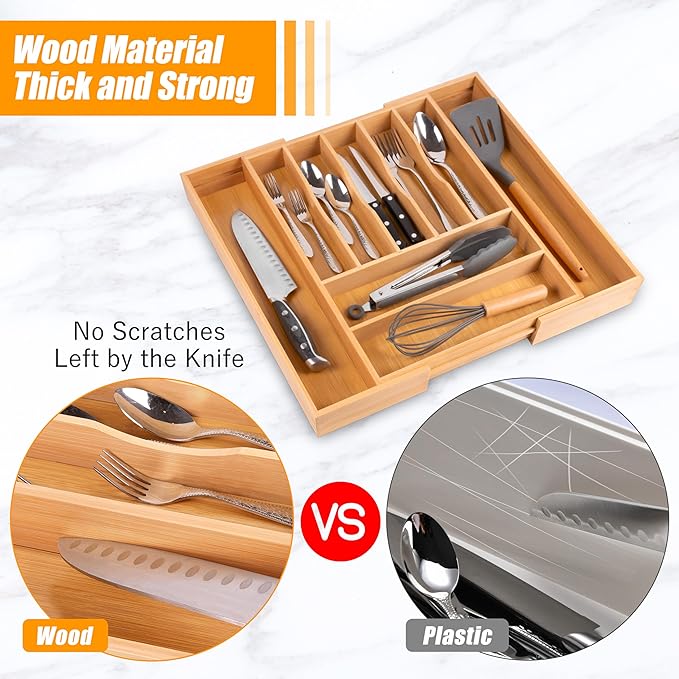 Bellsal Large Premium Bamboo Silverware Organizer - Expandable Utensil Drawer Organizer - 17"x19.6" Utensil Holder and Cutlery Tray with Grooved for Kitchen Flatware and Utensils Mother's Day Gift-Ruum Studio Home