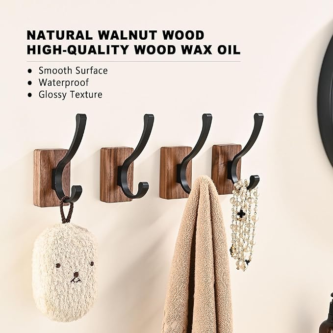 6 Pack Wooden Wall Hooks for Hanging, Adhesive Mounted & Wall Mount Nature Wood Coat Hooks for Towel Clothes Blanket Hat Backpack Robe Nursery Door Board Entryway Key Holder-Ruum Studio Home