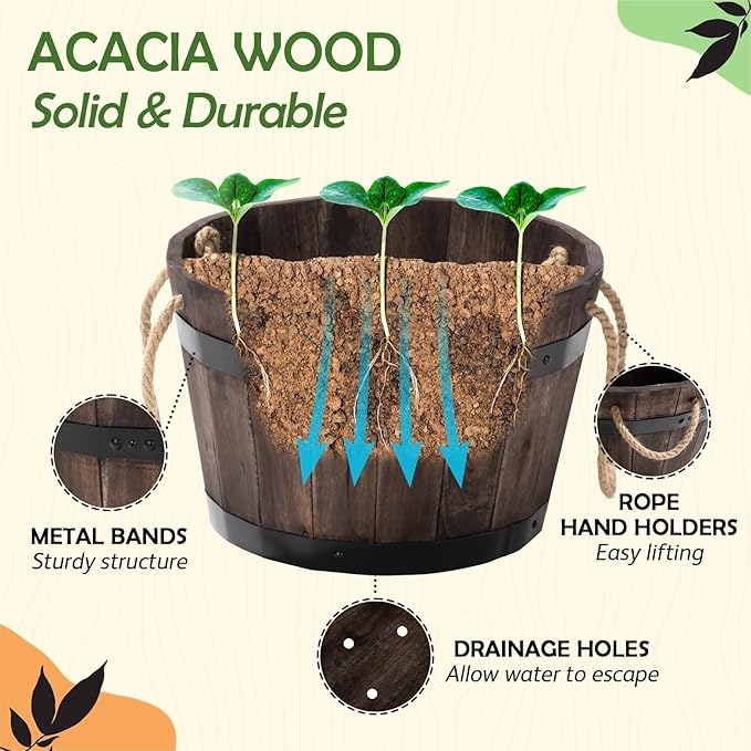 IDZO Set of 3 Wooden Flower Boxes Outdoor, Durable Acacia Wood Barrel Planters for Outdoor Plants with Ergonomic Handles, Drainage Holes, Multiple Sizes Wood Bucket Planter for Home Décor-Ruum Studio Home
