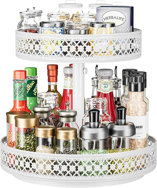 Lazy Susan Organizer 2 Tier - Turntable Spice Rack 12 inch Adjustable Metal Rotating Lazy Susan for Cabinet Pantry Kitchen Countertop Dining Table Cupboard Bathroom Vanity Storage White-Ruum Studio Home