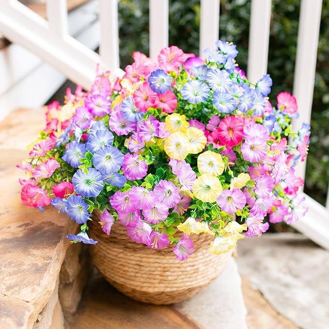 Artificial Flowers for Outdoors Fake Plants Outside Decoration, 12 Bundles Silk Colorful Morning Glory with Eucalyptus UV Resistant Realistic Faux Flowers for Planter Porch Patio Yard Indoor-Ruum Studio Home