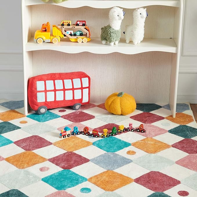 jinchan Area Rug 4x6 Kids Washable Indoor Floor Cover Non-Slip Modern Soft Rug Elementary School Classroom Colorful Diamond Carpet for Nursery Playroom Daycare Bedroom Living Room Confetti on Cream-Ruum Studio Home