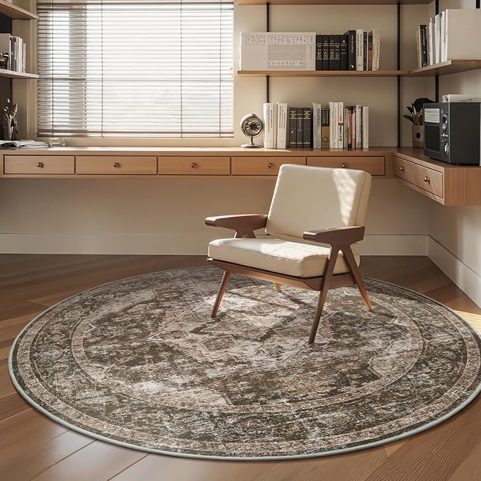 AMOAMI 6FT Round Rug - Vintage Soft Coffee & Brown Rugs for Living Room, Bedroom, Dining Room, Office - Non Slip, Machine Washable-Ruum Studio Home