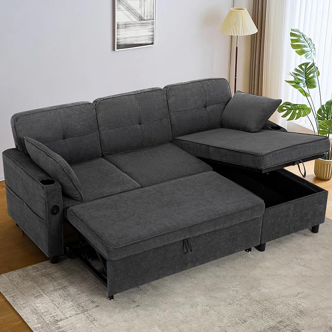 84 Inches Fabric Sectional Sofa w/Pull Out Sofa Bed & Adjustable Back, Tufted L Shaped Couch w/Storage Chaise, Sleeper Sectional Sofa w/USB Port & Cup Holders for Living Room, Grey-Ruum Studio Home