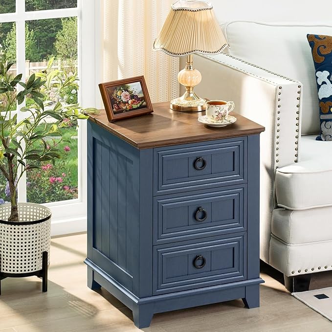 18" Farmhouse Night Stands Set of 2 with Charging Station, 2 & 3 Drawers End Table Dresser for Bedroom, Blue Wooden Nightstand, Bed Side Table with Open Shelf, Bedside Cabinet for Living Room-Ruum Studio Home