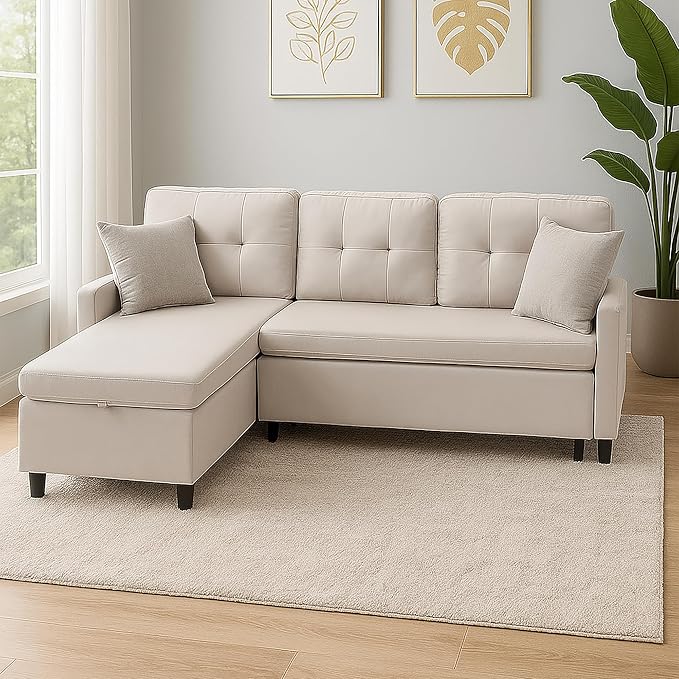 Pull Out Couch, Oversized Sleeper Sofa Couch, Sectional Sleeper Sofa Bed for Living Room Bedroom Lounge (Beige, 73 Inch)-Ruum Studio Home