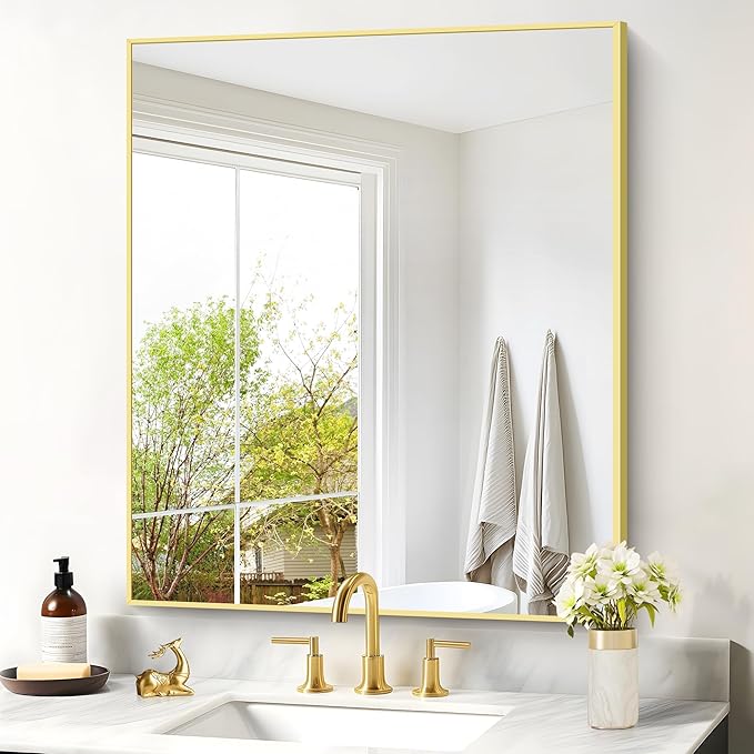 Gold Bathroom Mirror for Wall, 30x36 Inch Rectangle with Metal Frame, Modern Vanity for Bathroom Living Room, Entryway Hangs Horizontal or Vertical-Ruum Studio Home