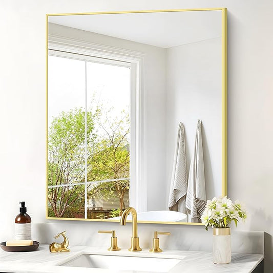 Gold Bathroom Mirror for Wall, 30x36 Inch Rectangle with Metal Frame, Modern Vanity for Bathroom Living Room, Entryway Hangs Horizontal or Vertical-Ruum Studio Home