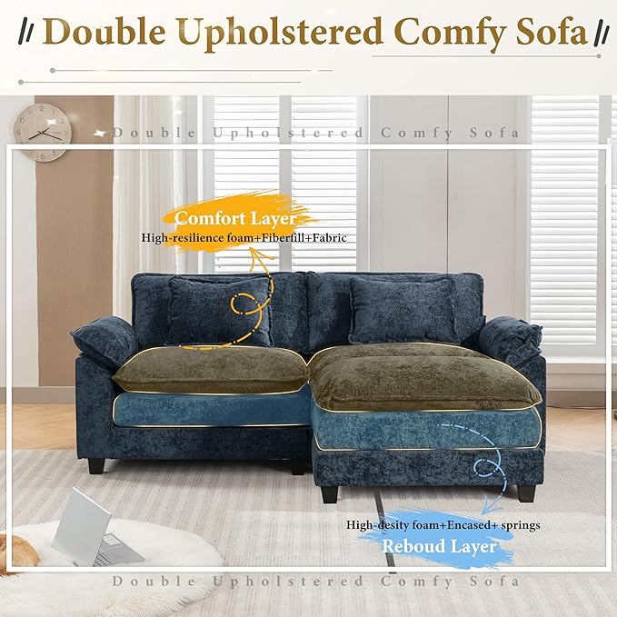 URRED Modular Sectional Sofa Comfy Cloud Couch, Modern Chenille Sofa Sleeper Deep Seat Couches with Ottoman/Pillows for Living Room (Blue, 82.6''- L Shape)-Ruum Studio Home