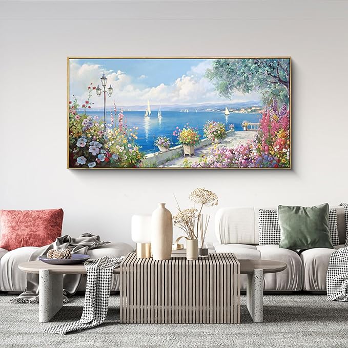 XLSJERST Large Coastal Wall Art - Ocean Seascape Canvas Yellow Green Flowers Painting Landscape Sailboat Picture Artwork Modern Large Framed for Living Room Bedroom Home Office Decor 24x48-Ruum Studio Home