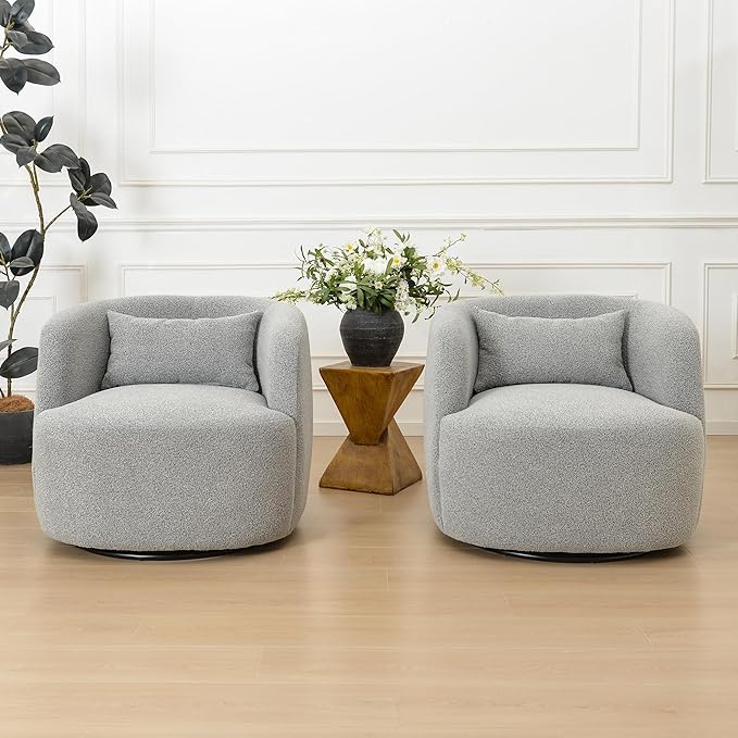 KINWELL 34" Wide Sherpa Swivel Barrel Chairs Set of 2, No Assembly Round Boucle Upholstered Accent Chairs Armchairs Single Sofa Chair with Toss Pillow for Living Room and Bedroom, Gray-Ruum Studio Home