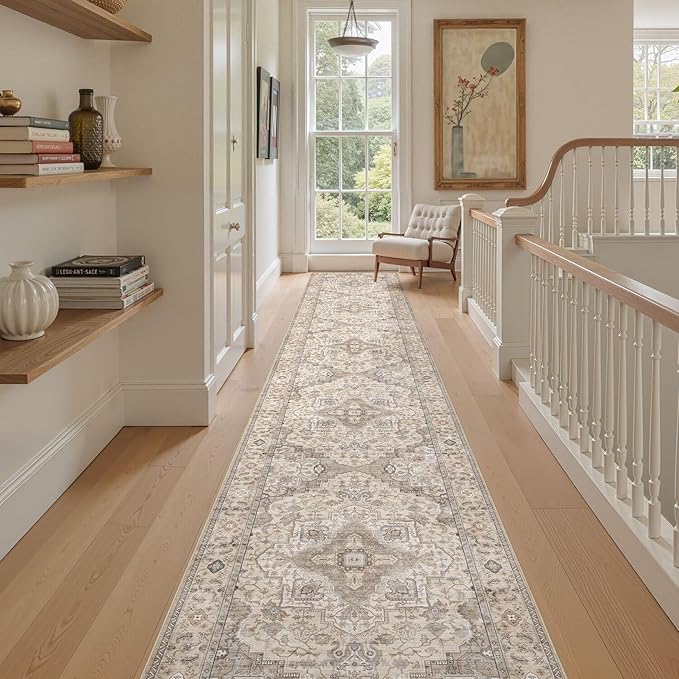 Washable 3x20 Runner Rug - Area Rugs Neutral Vintage Distressed Floral Farmhouse Boho Large Soft Floor Rug Indoor Carpet for Hallway Entryway Home - Brown/Multi-Ruum Studio Home