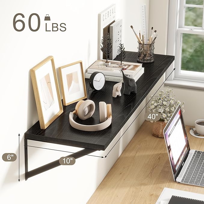 Fun Memories 40 Inch Floating Shelves, 10 Inch Deep Wall Shelf, 40 x 10 Floating Shelf Set of 2, Black Wood Floating Shelf Wall Mounted, Large Kitchen Living Room Bedroom Storage Shelves-Ruum Studio Home