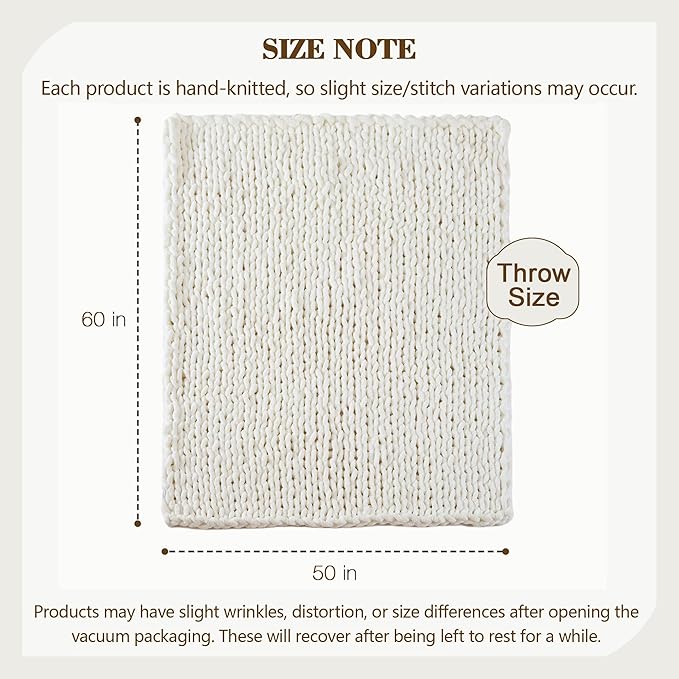 Carriediosa Chunky Knit Throw Blanket 50" X 60", 100% Hand Made Large Chenille Loop Yarn Soft Fluffy Throws for Couch Sofa Bed, Big Crochet Cozy Heavy Thick Cable Woven Blankets, Cream White-Ruum Studio Home