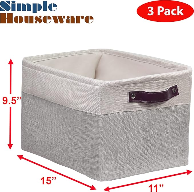 SIMPLE HOUSEWARE Large Fabric Storage Bin, 15" x 11" with Leather Like Handles, 3 Pack, Gray-Ruum Studio Home