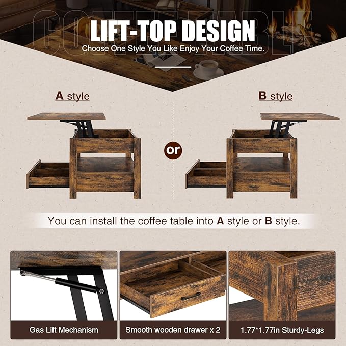 Rolanstar Coffee Table, Lift Top Coffee Table with Drawers and Hidden Compartment, Retro Central Table with Wooden Lift Tabletop, for Living Room,Rustic Brown-Ruum Studio Home
