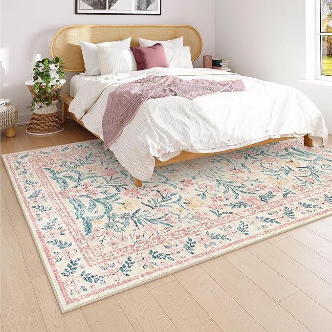 Wonnitar Machine Washable 5x7 Nursery Rug, Pink Rugs for Bedroom Girls, Boho Soft Floral Carpet Non Slip, Indoor Ultra-Thin Floor Carpet for Kid Room Living Room Dorm-Ruum Studio Home